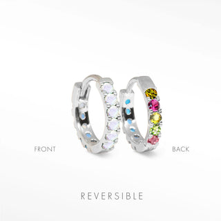 moonstone and tourmaline hoop earrings Natalie worn on model in sterling silver for reversible gemstone styling