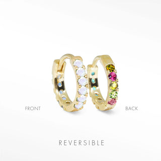 moonstone and tourmaline hoop earrings Natalie worn on model in 14k yellow gold for reversible gemstone styling