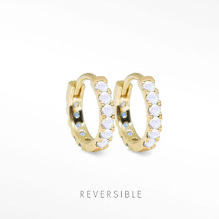 moonstone and tourmaline hoop earrings Natalie in 14k yellow gold with moonstone and tourmaline