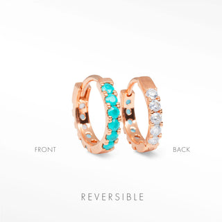 turquoise and moonstone hoop earrings Natalie worn on model in 14k rose gold for reversible gemstone styling