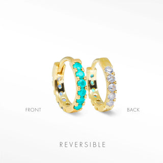 turquoise and moonstone hoop earrings Natalie worn on model in 18k vermeil for reversible gemstone styling