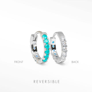 turquoise and moonstone hoop earrings Natalie worn on model in 14k white gold for reversible gemstone styling