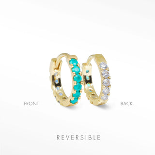 turquoise and moonstone hoop earrings Natalie worn on model in 14k yellow gold for reversible gemstone styling
